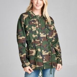 Camo print army jacket camouflage drawstring